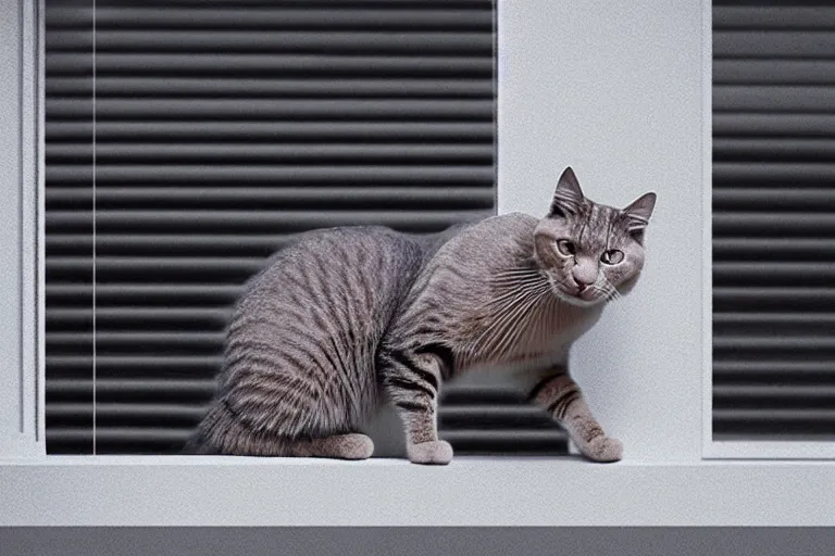 Image similar to vfx film closeup, cat on a window ledge, flat color profile low - key lighting award winning photography arri alexa cinematography, hyper real photorealistic cinematic, atmospheric cool colorgrade