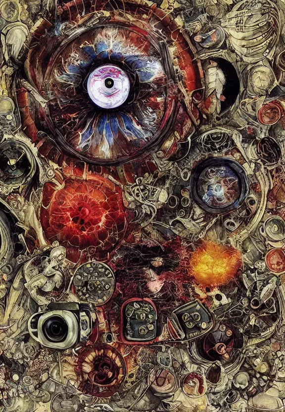 Image similar to autumnal medical equipment, cameras, radiating, blood mandala, portal, minimalist environment, by ryan stegman and hr giger and esao andrews and maria sibylla merian eugene delacroix, gustave dore, thomas moran, the movie the thing, pop art, biopunk, i'm the style of piet bill sienkiewicz