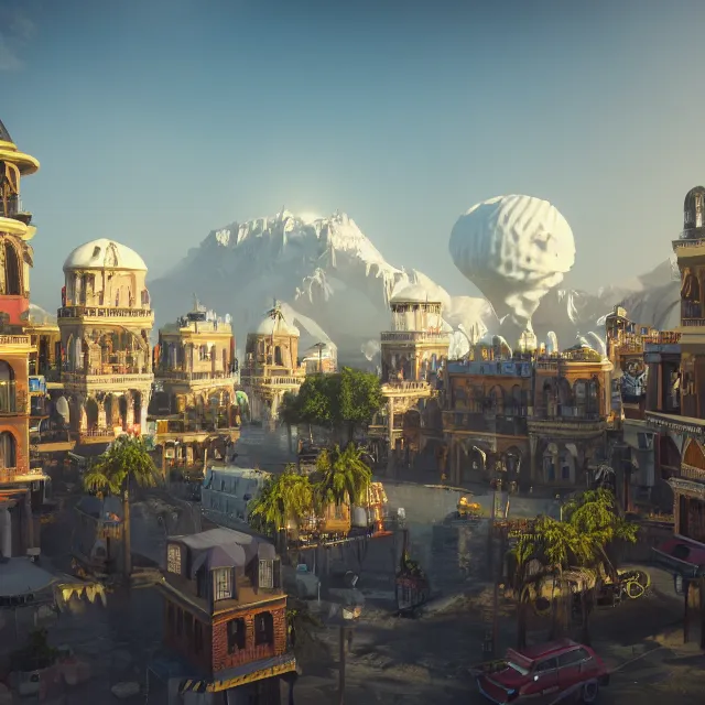 Prompt: bright colonial fantasy city with georgian architecture, giant ice cream mountain range in the background, dark cinematic, volumetric, realistic, cinematic lighting, ray tracing, unreal engine 5, unreal engine render, octane render, hyper realistic, photo, 8 k