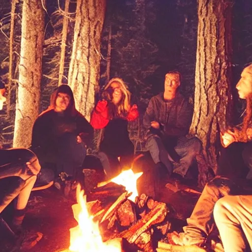 Image similar to A group of people sit around a campfire in the middle of a dark forest. They look tired and scared, Horror, Creepy, Spooky, Camcorder, VHS quality,