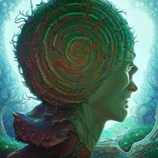 Image similar to fungus labyrinth mohawk scales manifestor portrait by gaston bussierre and charles vess and james jean and erik jones and rhads, inspired by rick and morty, epic, funny, huge scale, beautiful fine face features, intricate high details, sharp, ultradetailed