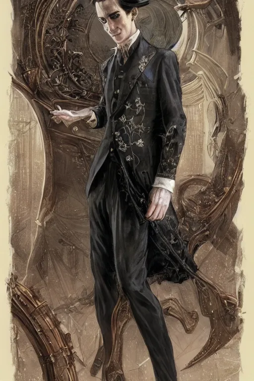 Prompt: skinny male magician, long dark hair, 1 9 2 0 s fashion, elegant, highly detailed, intricate, smooth, sharp focus, artstation, digital paining, concept art, art by donato giancola, cedric peyravernay, marc simonetti, valentina remenar, craig mullins