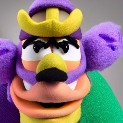 Image similar to A still of Waluigi reimagined as a Muppet, photorealistic