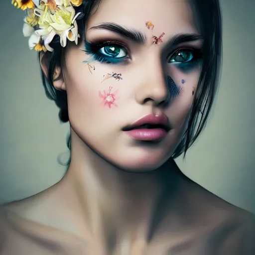 Image similar to dslr photo of a beautiful female with detailed face, wearing flowers, artgerm, artstation, extremely high quality, moody lighting, photography by deviantart, 8 k