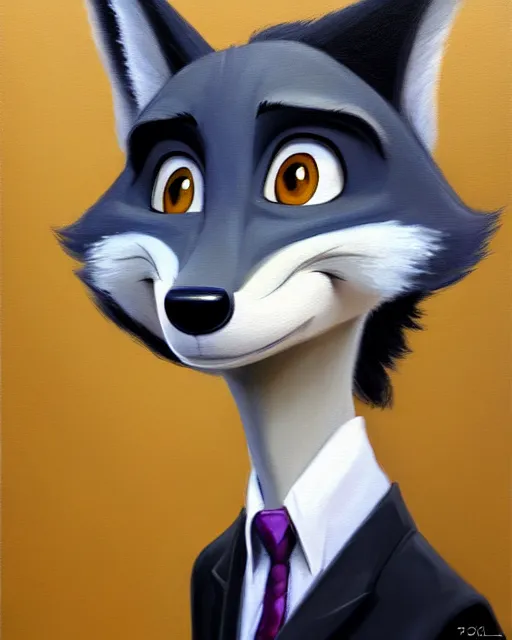 Image similar to oil painting of anthromorphic female wolf, in style of zootopia, female fursona, furry, furaffinity, 4 k, deviantart, furry art, fursona art, wearing black business suit, business suit, wolf fursona, female, very expressive detailed feminine face,