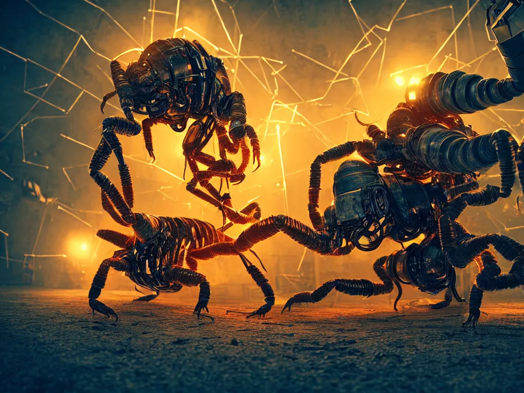 Image similar to A frightening gigantic evil robot scorpion devouring books with pipes and tubes and wires, hyperealistic very colourful hdr cinematic lighting cgi render photorealistic cinematic octane render