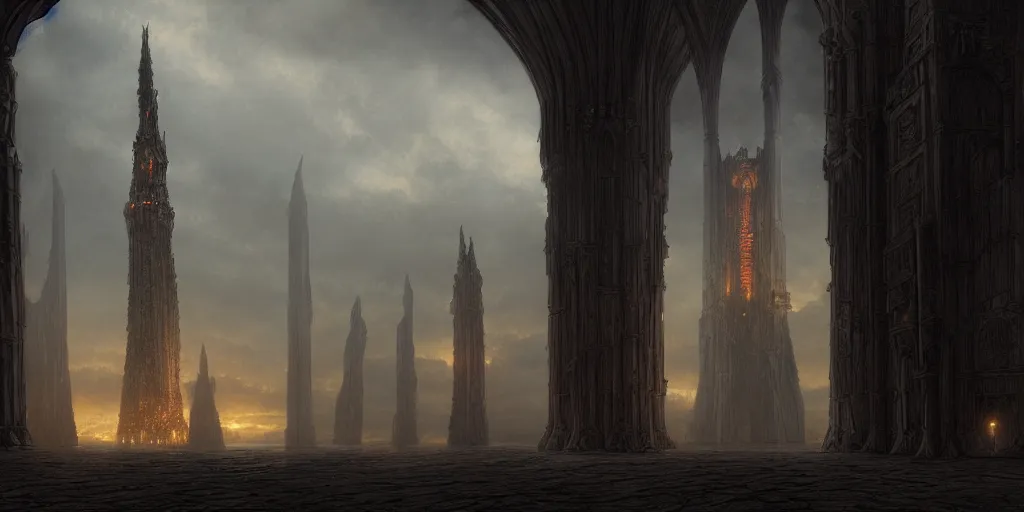 Image similar to Inside Orthanc Tower, evening, detailed matte painting, cinematic, Alan Lee, Artstation