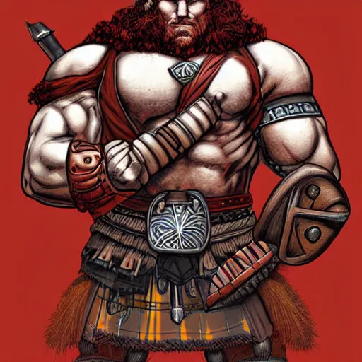 Image similar to bulky muscular scottish warrior with red hair and a kilt, tribal blood red war paintings on his chest, bronze plate armor, in the style of paul pelletier, artgerm