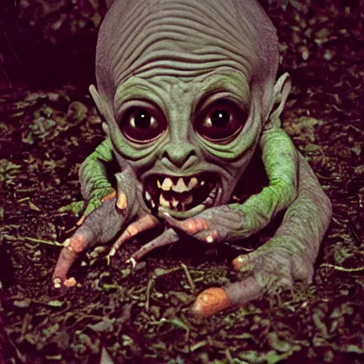 Image similar to a photograph of a really screwed up little goblin, horror morph, scary scary scary, wild, weird, fun