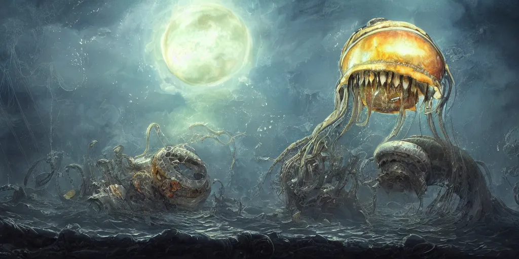Image similar to concept art of giant translucent glowing jellyfishes, renaissance, divers helmet, lots of teeth, melting horror, round moon, rich clouds, fighting the horrors of the unknown, mirrors, very detailed, volumetric light, mist, grim, fine art, decaying, textured oil over canvas, epic fantasy art, very colorful, ornate, anato finnstark