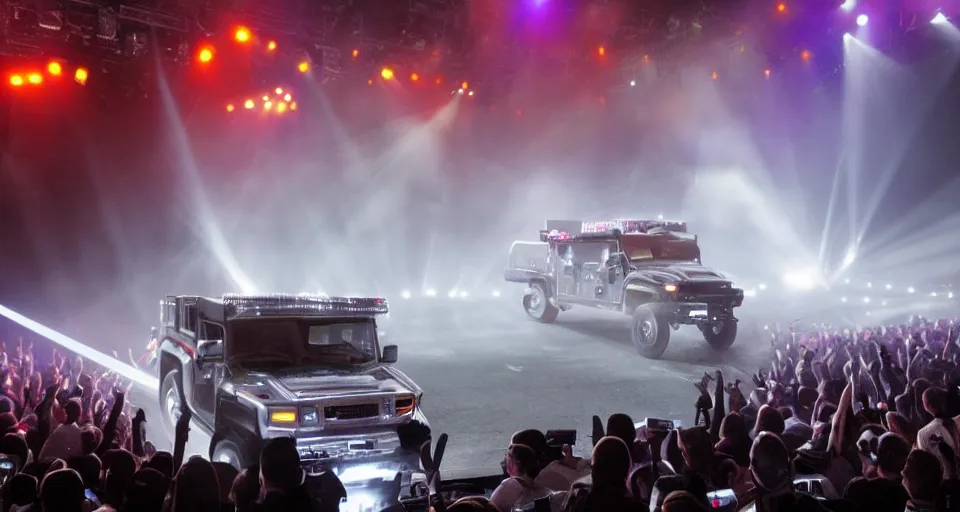 Prompt: silver hummer truck on a stage : : surrounded by fog and a laser show on stage. photo realistic.