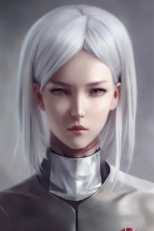 Image similar to a portrait of a scientist android girl with silver hair by artgerm and wlop and krenz cushart, painterly