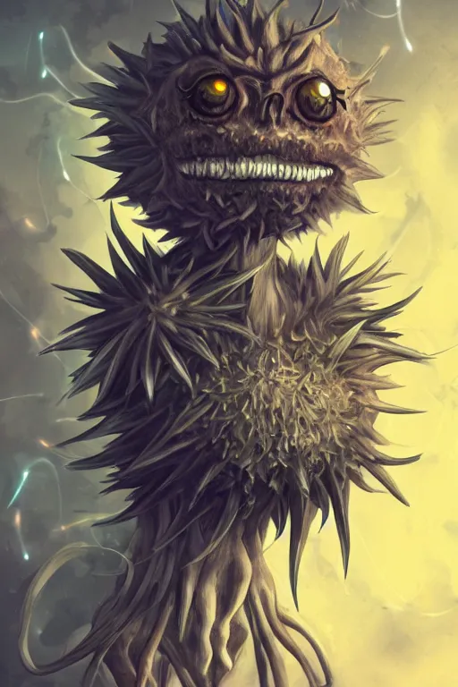 Image similar to a humanoid figure dandelion monster with bulbous glowing eyes, highly detailed, digital art, sharp focus, trending on art station, artichoke, anime art style