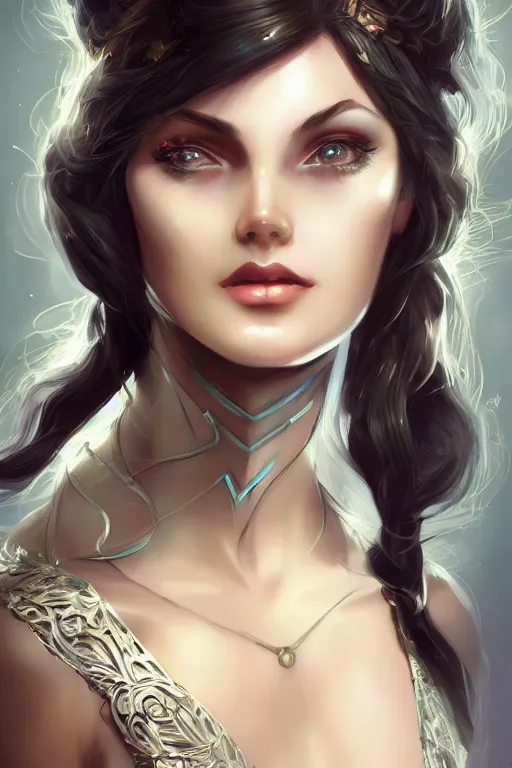 Image similar to three quarters portrait pose of a beautiful woman,super heroine costume,super powers, fantasy, intricate, elegant, highly detailed, digital painting, artstation, concept art,shining, sharp focus, illustration, art by Stanley Lau