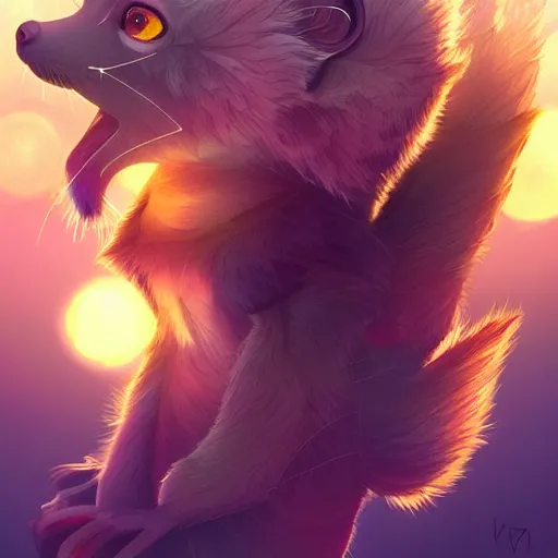 Image similar to Geometric dwarf lemur, sun in the background, intricate, elegant, highly detailed, digital painting, artstation, concept art, smooth, sharp focus, illustration, art by artgerm