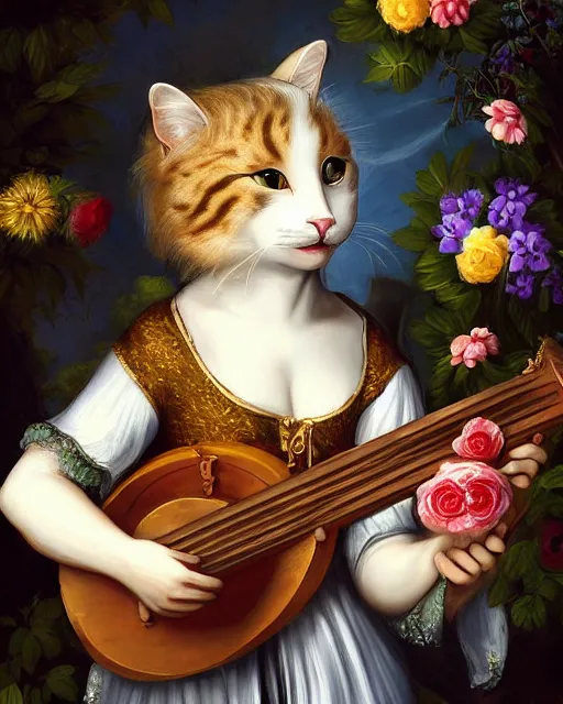 Prompt: baroque portrait of a anthropomorphic cat playing a lute, garden with flowers, digital art, dnd character, award winning