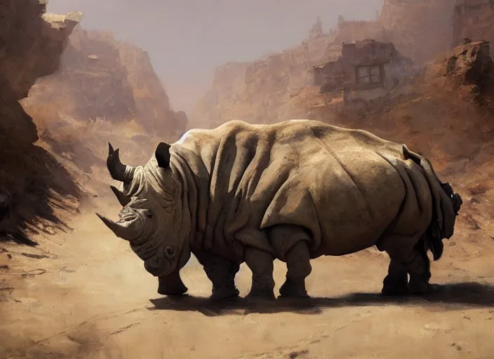 Image similar to oil painting of old rugged rhino in dusty wild west street, art by anders zorn, wonderful masterpiece by greg rutkowski, beautiful cinematic light, american romanticism by greg manchess, jessica rossier