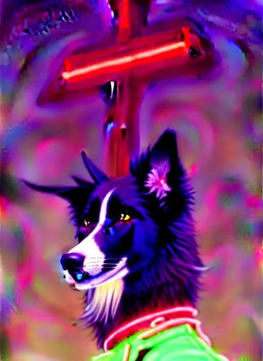 Image similar to wide angle beautiful full body portrait of a cute male anthropomorphic anthro border collie fursona wearing cowboy outfit in a neon metropolis, character design by charlie bowater, henry asencio, and ross tran, furry art, furaffinity, beautiful, glamor pose, detailed, aesthetic, trending on artstation