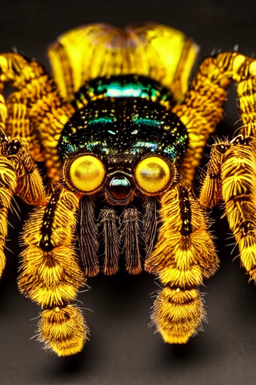 Prompt: high quality close-up photo gothic pearlescent tarantula! jewelled gorgeous! highly detailed david ligare elson peter cinematic yellow neon lighting high quality low angle hd 8k sharp shallow depth of field