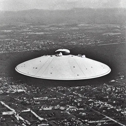 Image similar to a ufo seen from an aeroplane, vintage photo, old, grainy, sepia