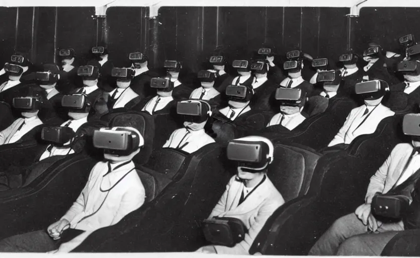 Prompt: 1 9 0 0 s photo of people wearing virtual reality headsets vr in a movie theater masterpiece