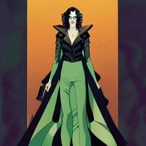 Image similar to Joshua Middleton comic art, wide shot, stunning elegant female Eva Green, spy, kabuki mask, beautiful evil sneer, symmetrical face, symmetrical eyes, leather clothing and boots, long straight green black hair, full body, Midnight pattern