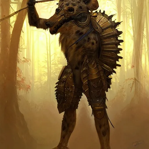 Image similar to a long shot photo of a humanoid hyena were a heroic armour an gold helmet in the forest, long hair, highly detailed, digital painting, artstation, smooth, sharp focus, illustration, art by artgerm and greg rutkowski and alphonse mucha