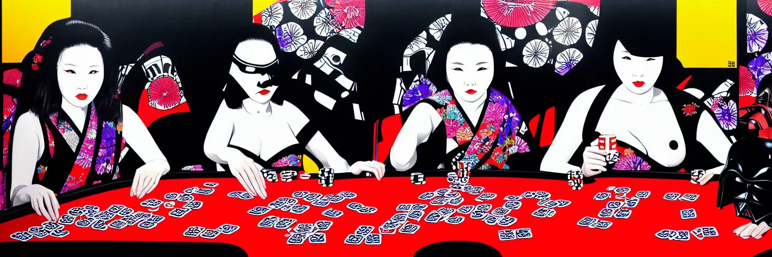 Image similar to hyperrealism composition of the detailed woman in a japanese kimono sitting at an extremely detailed poker table with darth vader and stormtrooper, fireworks on the background, pop - art style, jacky tsai style, andy warhol style, acrylic on canvas