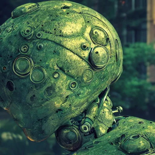 Prompt: side view of a beautiful abandoned human - shaped robot laying on the ground, overgrown foliage taking over it, close - up, 3 5 mm, biopunk, bokeh, beautiful, lens flare, emotional, sweet, flowers, detailed, picture, trending on artstation, award - winning, shiny, golden, angle view, octane render