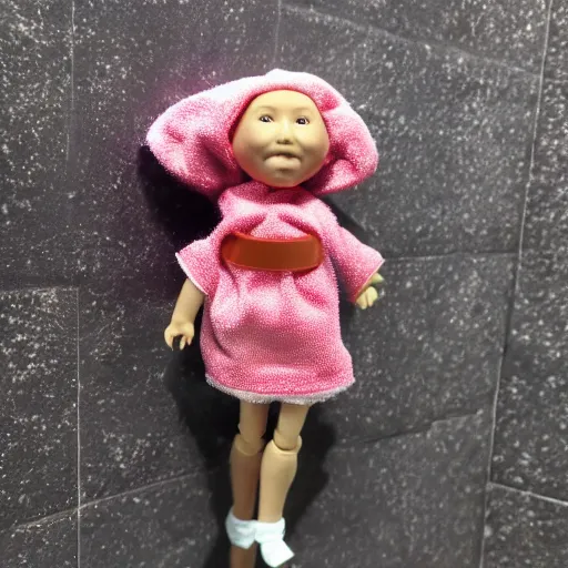 Image similar to a doll tied to a towel rack in the bathroom with a fabric belt