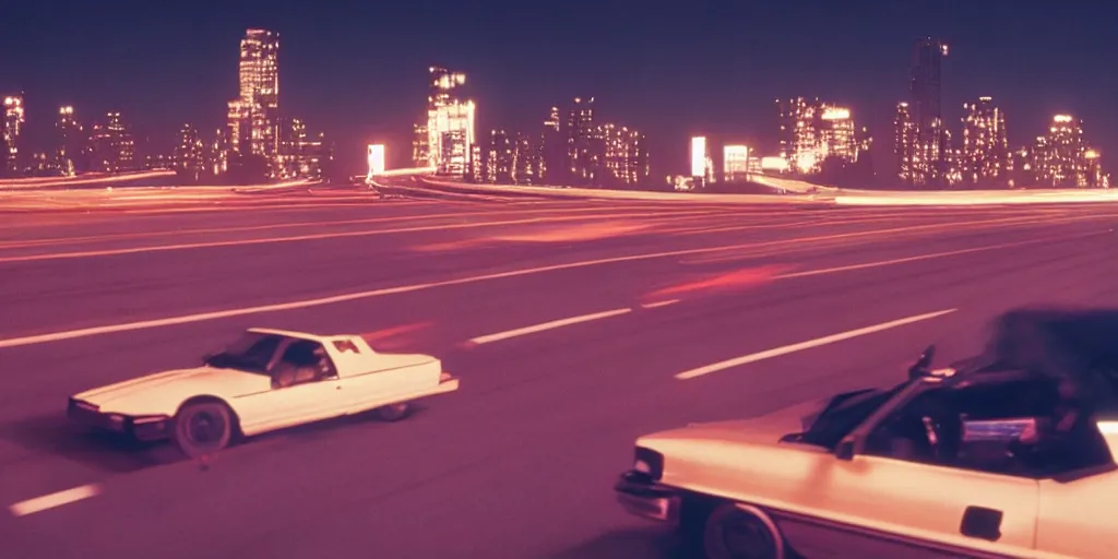 Prompt: 8 0 s movie still, high speed car chase on the highway at night with bright city in background, medium format color photography, 8 k resolution, arri 3 5 mm cinema, hyperrealistic, photorealistic, high definition, highly detailed, tehnicolor, anamorphic lens, award - winning photography, masterpiece