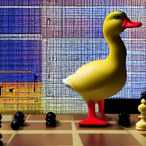 Image similar to A duck playing chess in front of gigantic 8-segment display showing 'Lc0' characters