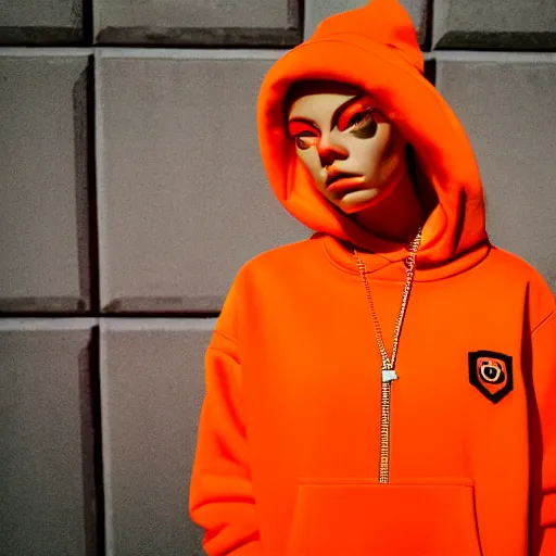 Prompt: un ultra high definition modern streetwear art photographic portrait of a fictional female fine artist named oxoxoxox oxoxox standing outside her london home wearing all orange. three point light. golden hour, golden ratio, ray tracing, volumetric light and shadow, shallow depth of field.