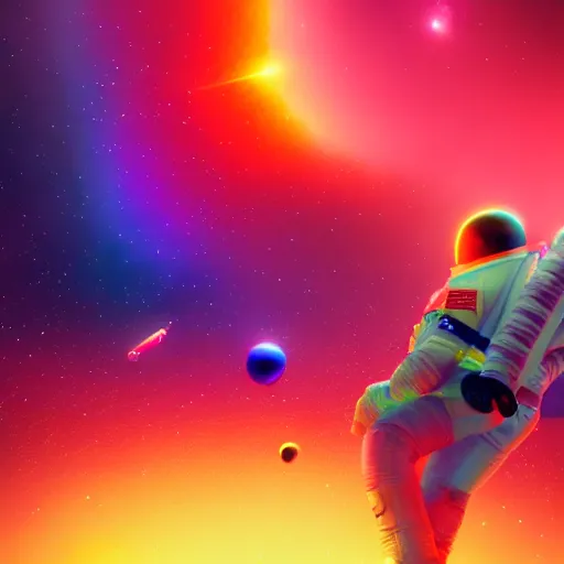 Image similar to astronaut maestro directing a large symphony creating beautiful music of color and happiness, synthesthesia, digital painting, trending on artstation, unreal engine 5, CG society, hypermaximalist, golden ratio