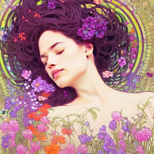 Prompt: a woman sleeping in the middle of flowers, confident pose, pixie, genshin impact, intricate, elegant, sharp focus, illustration, highly detailed, concept art, matte, trending on artstation, lisa frank, alfons mucha, art by wlop and artgerm and greg rutkowski, ilya kuvshinov, strong strokes