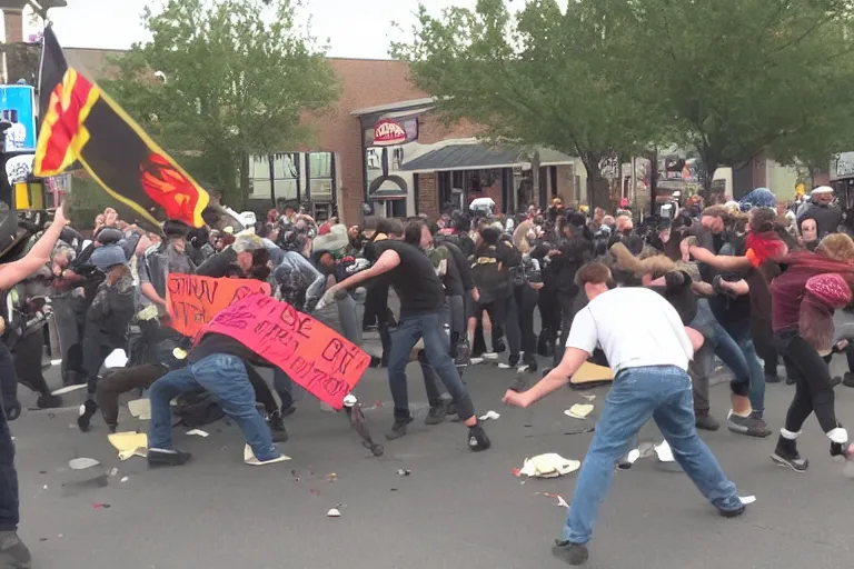 Prompt: violent protest in front of The cracker barrel, photorealistic