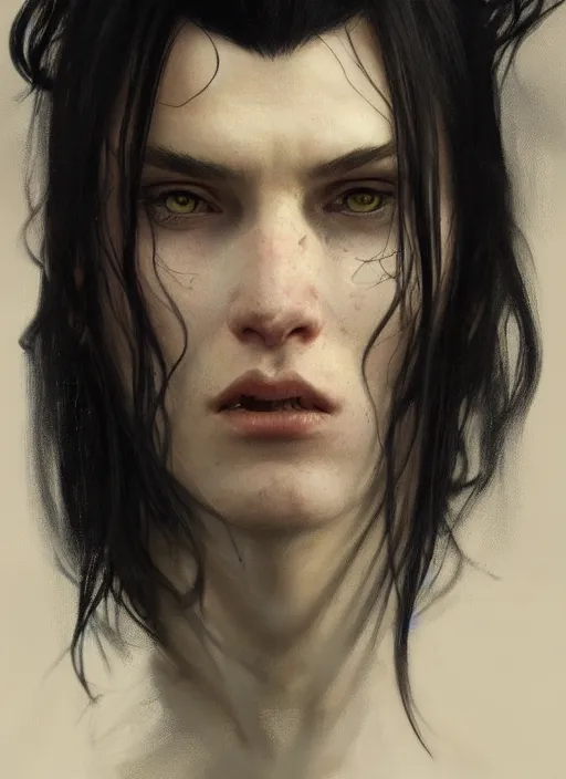 Prompt: An androgynous man with long black hair and a partially skeletal face, highly detailed, digital painting, artstation, concept art, sharp focus, illustration, art by greg rutkowski and alphonse mucha