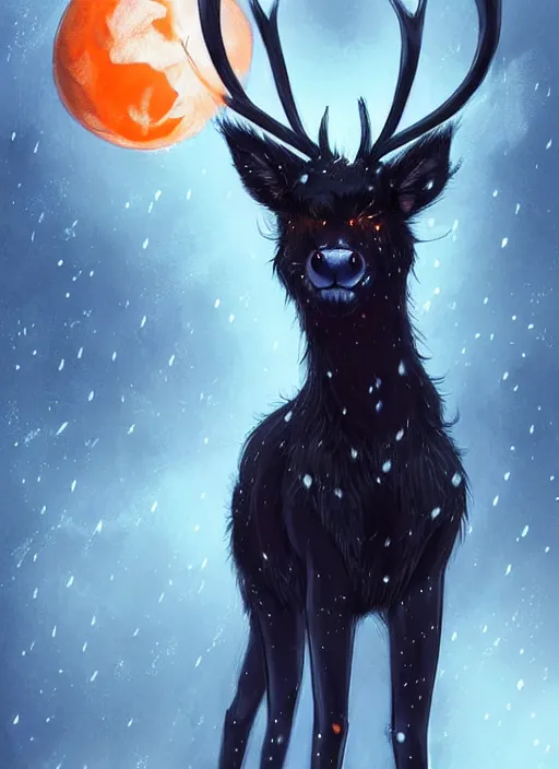 Image similar to award winning beautiful portrait commission of a male furry anthro Black Reindeer fursona with a tail, wings and a cute beautiful attractive detailed furry face wearing stylish black and orange galaxy clothes in a outerspace city at night while it rains. Character design by charlie bowater, ross tran, artgerm, and makoto shinkai, detailed, inked, western comic book art