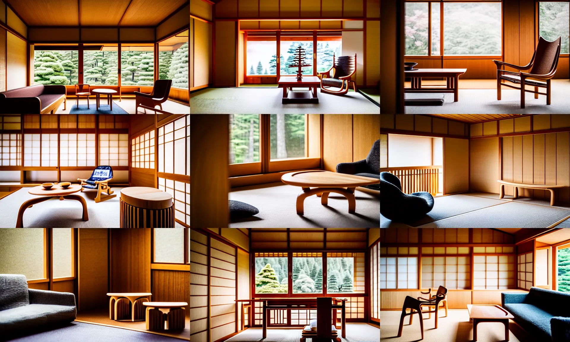 Prompt: full room view of a luxurious wooden cottage by alvar aalto, modern furnished japanese living room, japanese flower arrangements, coherent composition, realistic, extremely detailed furnitures, architecture photography, telephoto lens, canon rf 8 0 0 mm f / 5. 6 l