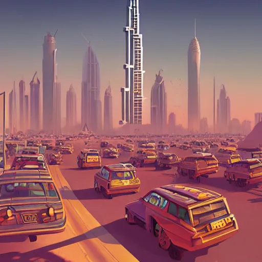 Image similar to gta : dubai, by simon stalenhag