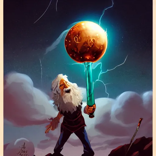 Prompt: A wizard holding a staff in one hand and a glowing orb in the other, set against a stormy night sky, digital painting, fantasy, magic, sharp focus, artstation, concept art, 4k, by Butcher Billy