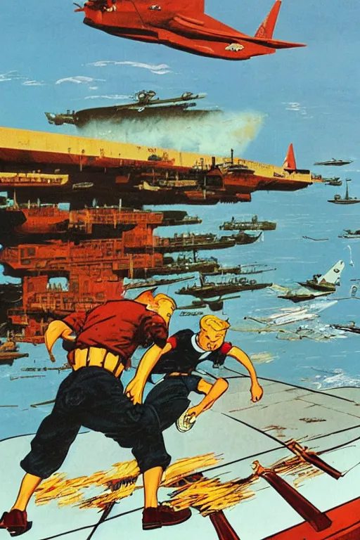 Prompt: full page illustration of tintin tearing apart an aircraft carrier, by herge, alex ross, phil hale,