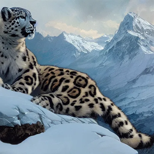 Image similar to Concept art, A shiny snow leopard sitting by snow mountains, 8k, alphonse mucha, james gurney, greg rutkowski, john howe, artstation