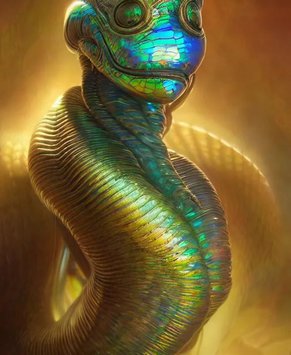 Image similar to intricate iridescent portrait of a disturbing beautiful alien snake creature, mottling coloring, adorable, childlike, medical equipment hospital environment, ultra realistic, concept art, art nouveau, photorealistic, octane render, 8 k, unreal engine. art by christopher marley and artgerm and greg rutkowski and alphonse mucha