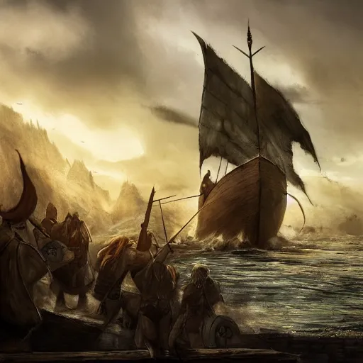 Image similar to vikings dismounting off their longship to invade a moderate sized village, dusk, cinematic, concept art, slight fog, high detail, wide shot, dynamic lighting, sharp focus, high resolution