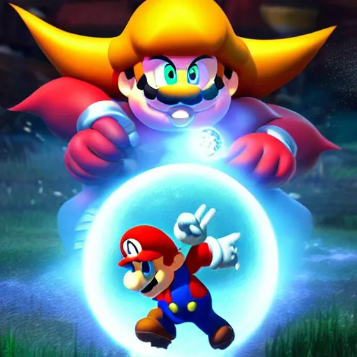 Image similar to mario battling bowser in the style of elden ring extremely detailed awe stunning beautiful volumetric light hyper real, 8k, colorful, 3D cinematic