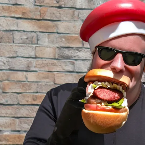 Prompt: photo of the hamburglar eating a hotdog