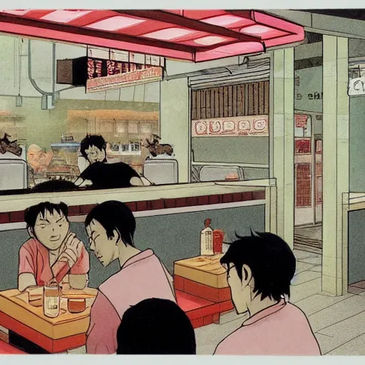 Image similar to a singaporean kopitiam, by satoshi kon