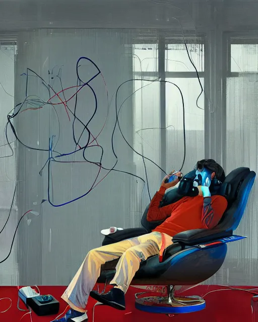 Prompt: a man reclines in a gaming computer chair with headphones on a controller inhand in a domestic interior filled with screens by james jean and luc tuymans and beeple and hernan bas and pat steir and hilma af klint, psychological, 3 d, dripping paint, high quality render, masterpiece