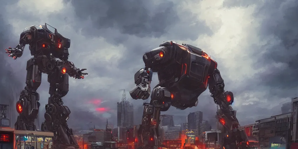 Image similar to a giant robot attacks a science - fiction city, ominous sky, federico pelat, evening, artstation